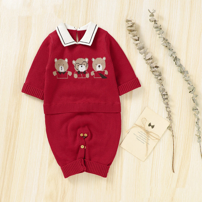 Baby Cartoon Bear Pattern Lapel Design Knitted Romper