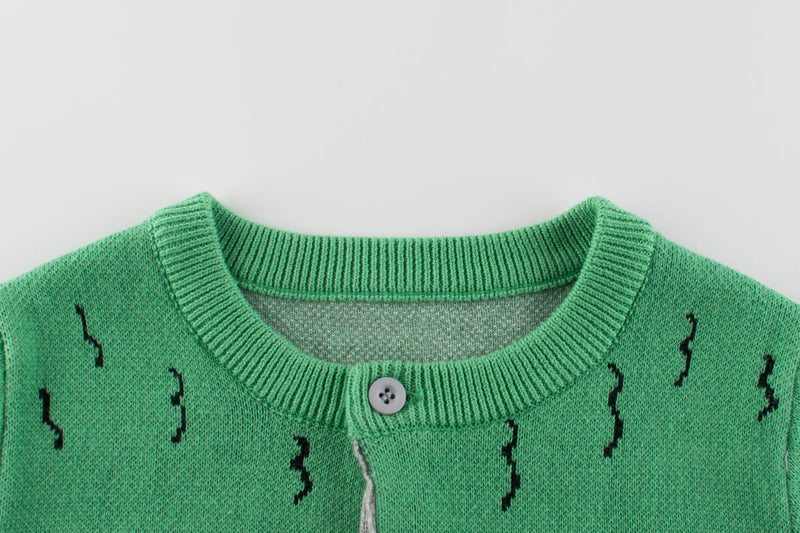 Boys Dinosaur Pattern Round Collar Long-Sleeved Sweater Cardigan