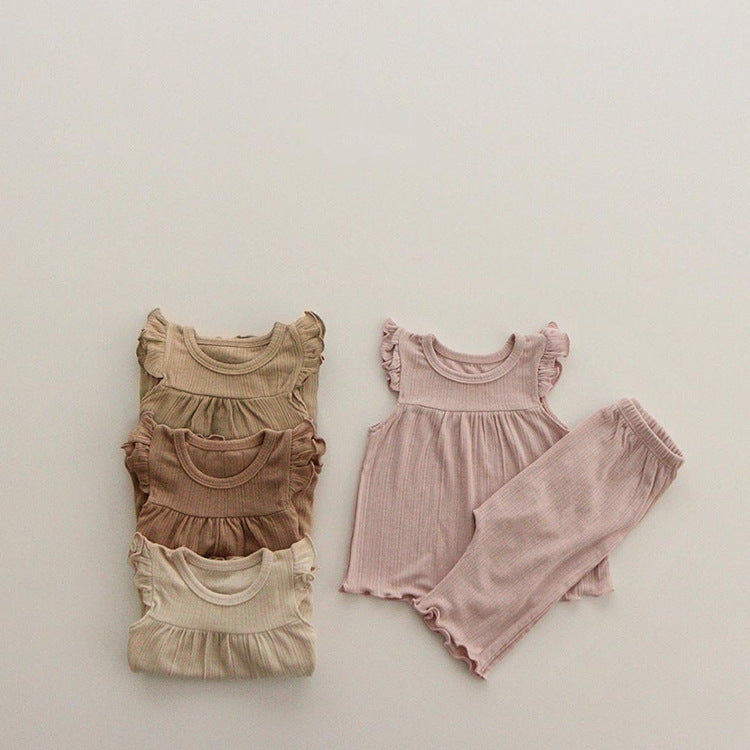 Baby Girl Round Neck Solid Color Design Sleeveless Top Combo Shorts Loungewear Two-Piece Sets