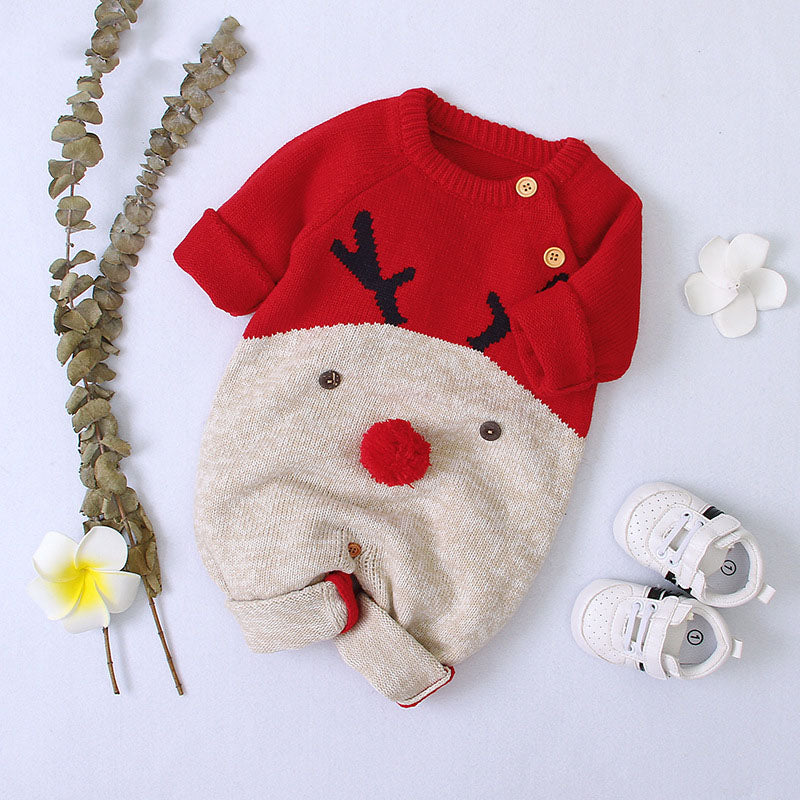 Baby Cartton Pattern Contrast Design Side Button Christmas Knitted Romper