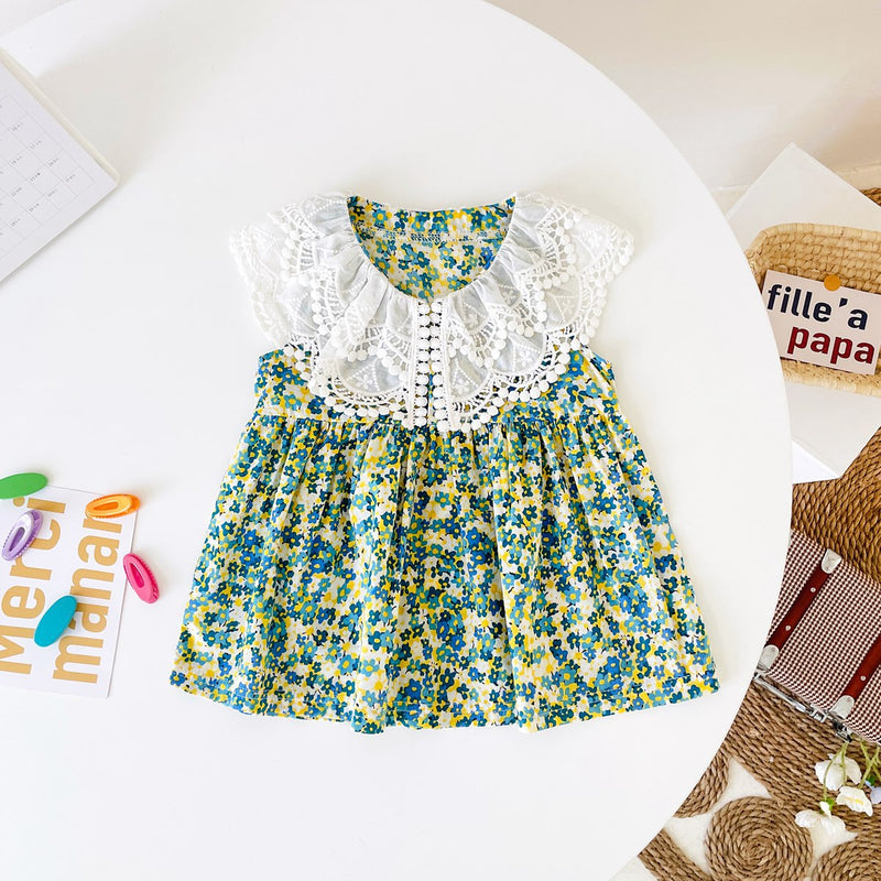 Baby Girl Floral Print Lace Patchwork Design O-Neck Dress