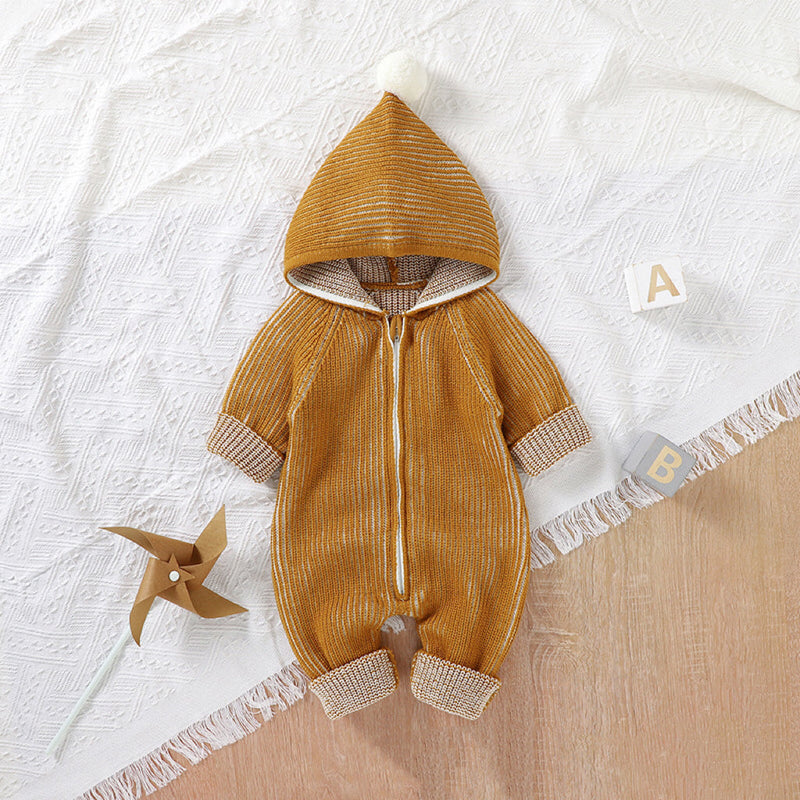 Baby Solid Color Zipper Front Design Hooded Knitted Romper