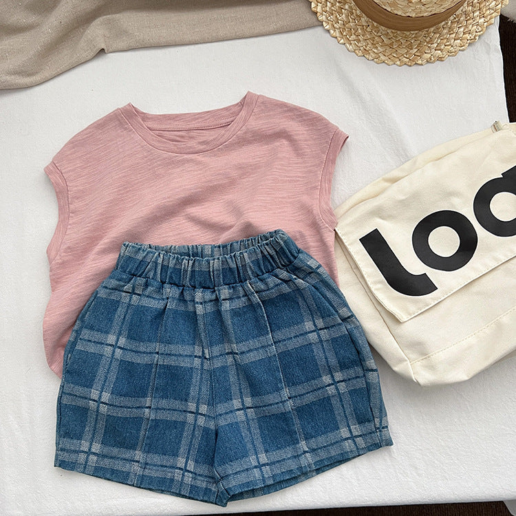 Baby Denim Blue Plaid Pattern Loose Shorts