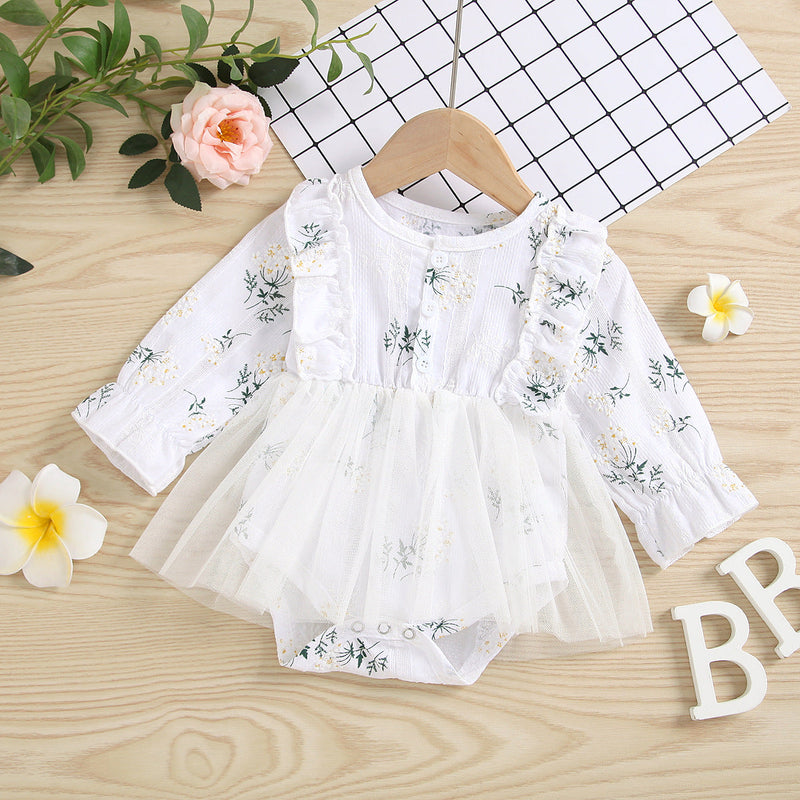 Baby Girl 1pcs Allover Grass Embroidered Graphic Mesh Overlay Dress Longsleeve Onesies