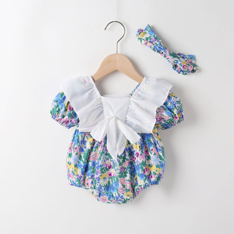 Baby Girl Floral Pattern White Bow Patchwork Square Neck Short Sleeve Onesies