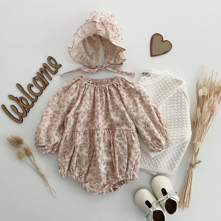 Baby Ditsy Flower Graphic Long Sleeves Flesh Style Cotton Bodysuit With Hat