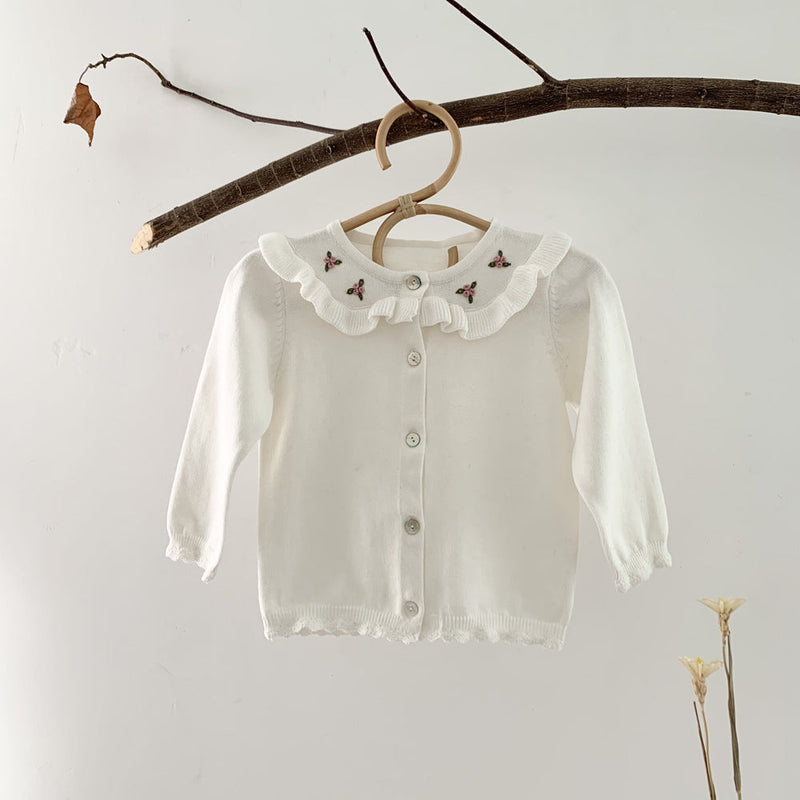 Baby Girl Floral Embroidered Pattern Single Breasted Design Knit Cardigan