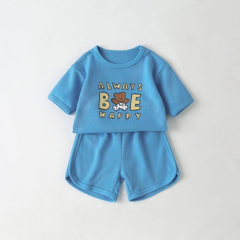 Baby Cartoon Bear & Slogan Pattern Waffle Fabric Tops Combo Solid Shorts 1-Piece Sets