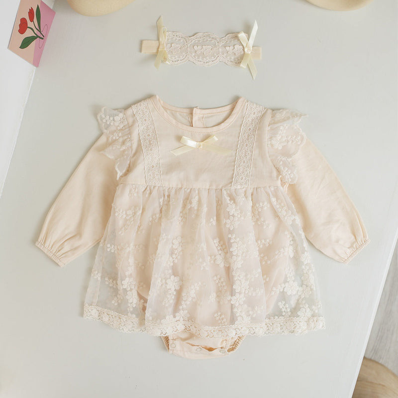 Baby Girl Solid Color Floral Embroidered Mesh Overlay Design Onesies Dress