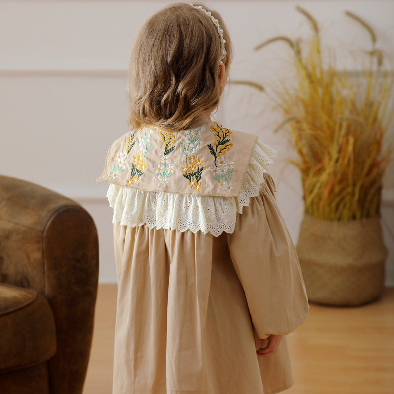 Arrival Autumn Girls Artsy Flowers Embroidery Pattern Collar Long Sleeves Stylish Dress