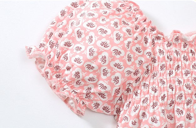 Pink Baby Girl Allover Floral Graphic Puff Sleeve Square Neck Cotton T-Shirt