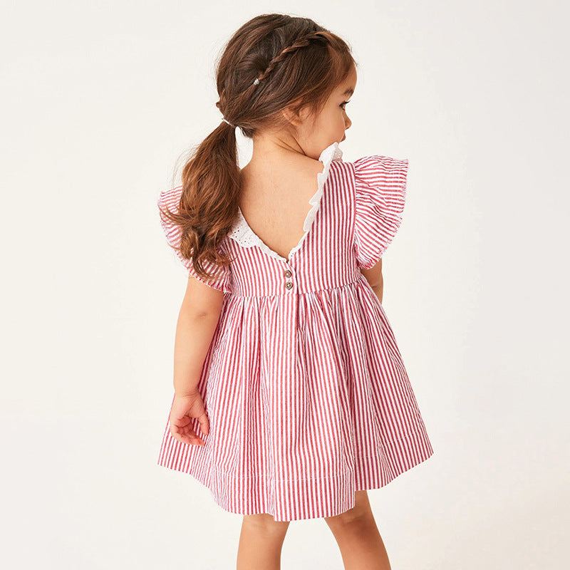 Spring And Summer Baby Girls Ruffle Collar Short Sleeves Striped Dress