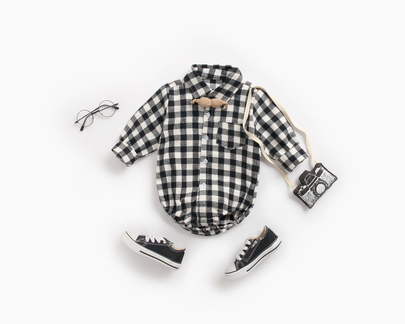 Baby Boy Plaid Pattern Buttoned Shirt With Pockets Long Sleeve Onesies In Autumn