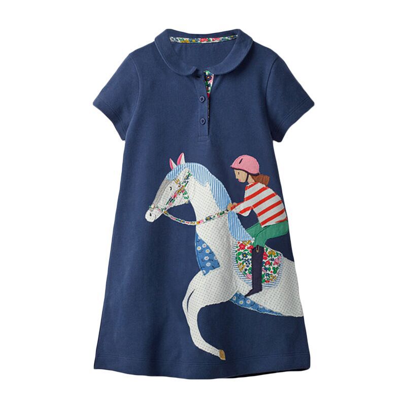 Summer New Arrival Girls Short Sleeves Horse Racing Cartoon Turn-Down Collar Dress