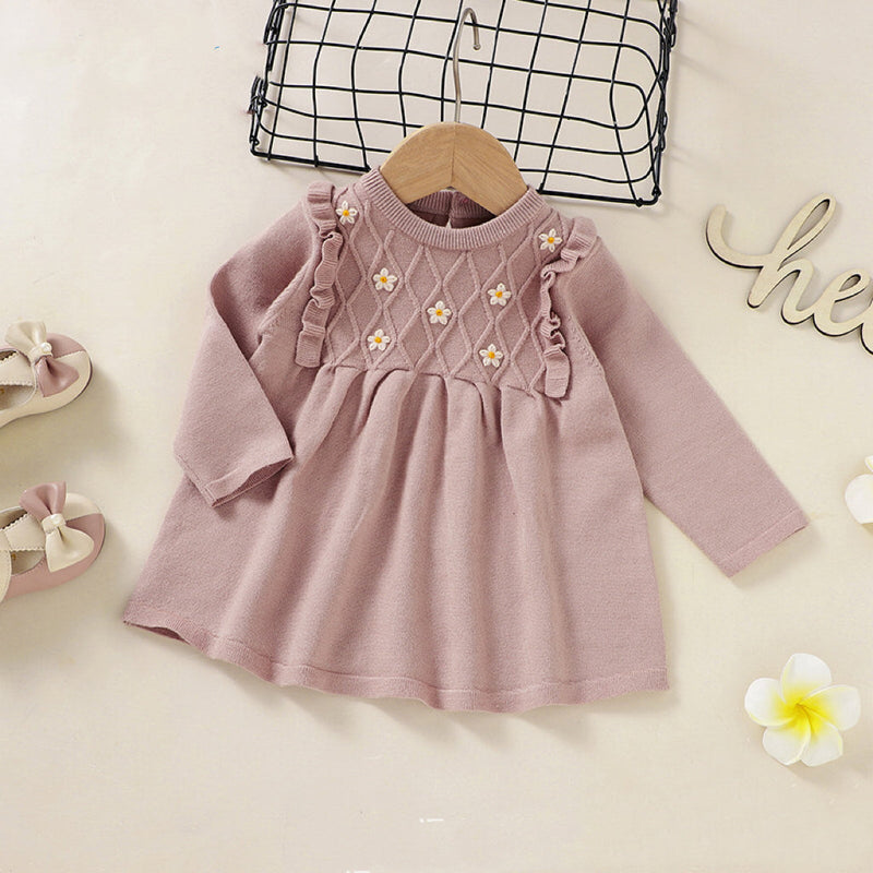 Baby Girl Flower Patched Pattern Solid Color Knitted Dress