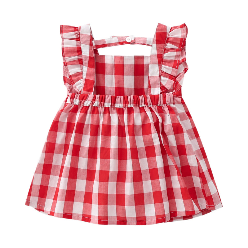 Baby Girls Plaid Print Lace Design Square Collar Sleeveless Dress With Bow Hat In Summer