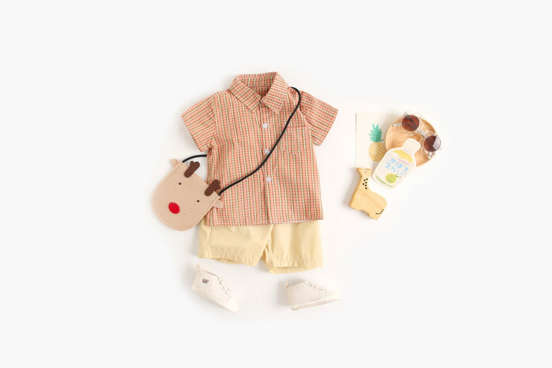 Baby Boy Plaid Pattern Single Breasted Design Polo-Neck Shirt Combo Shorts