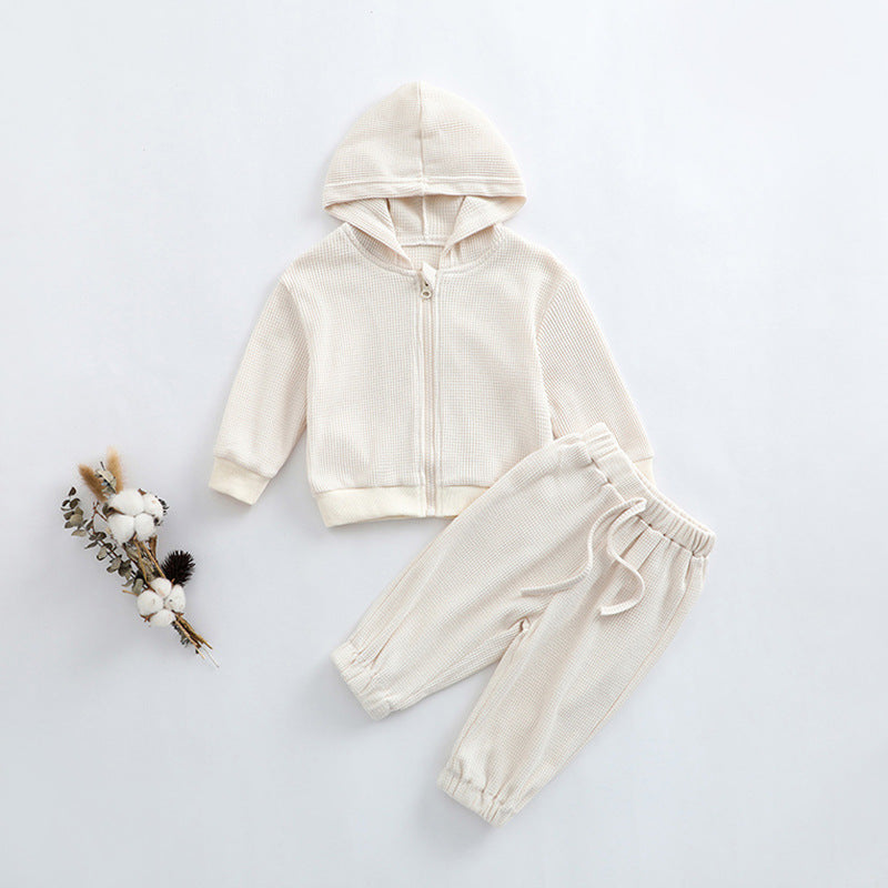 Baby Solid Color Waffle Knit Fabric Coat With Pants 2 Pieces Sets