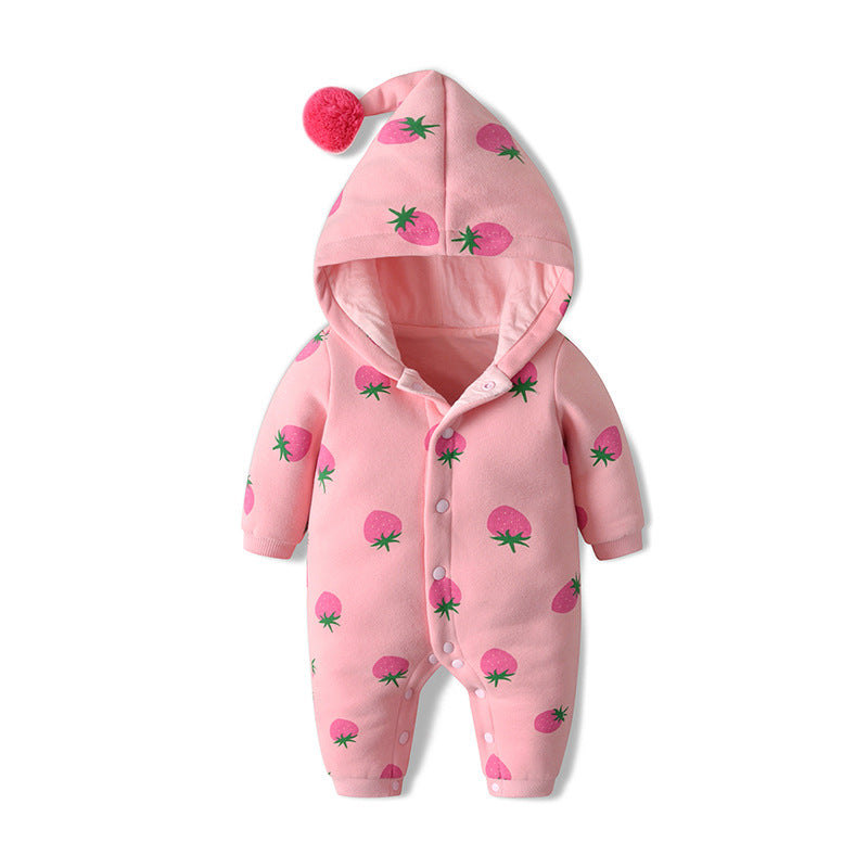 Baby Girl Strawberries Pattern Button Front Double Quilted Romper With Hat