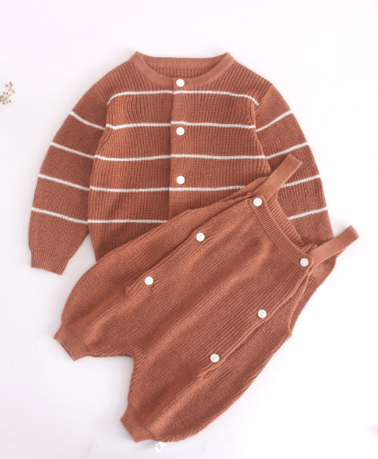 Baby Solid Color Knit Romper Combo Striped Graphic Cardigan Sets