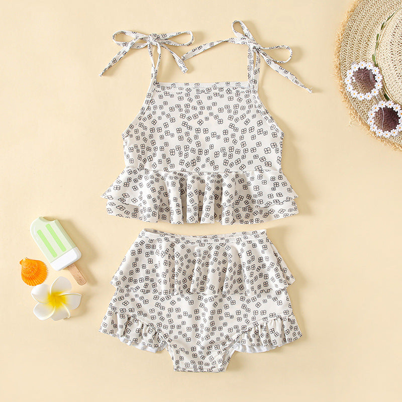 Baby Girl Floral Print Pattern Belt Design Sling Tops Combo Shorts Swimsuit Sets In Summer