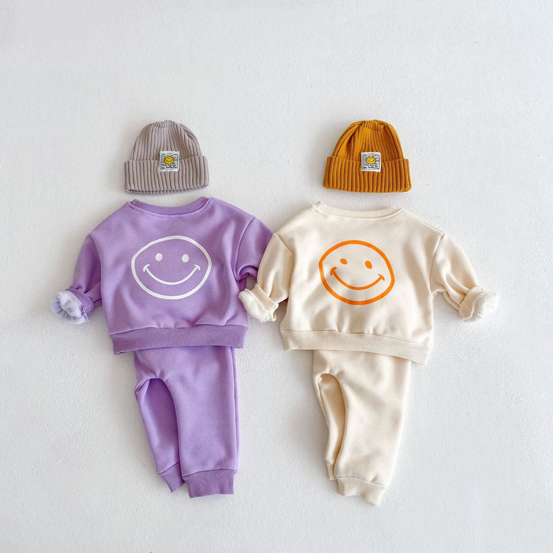 Baby Slogan Graphic Longsleeve Hoodie Combo Smiley Print Trousers Sets