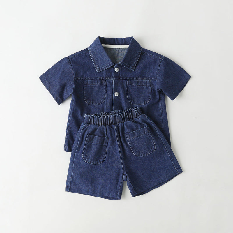 Baby Solid Color Butoon Front Denim Shirt Combo Shorts Sets In Summer