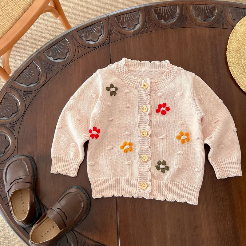 Baby Girl Flower Embroidered Graphic Single Breasted Design Knit Cardigan