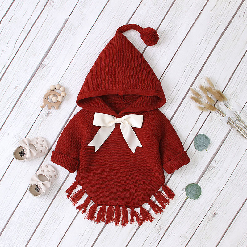 Baby Girl 1pcs Solid Color Big Bow Tie Patched Design Shawl Kniited Hoodies With Hat