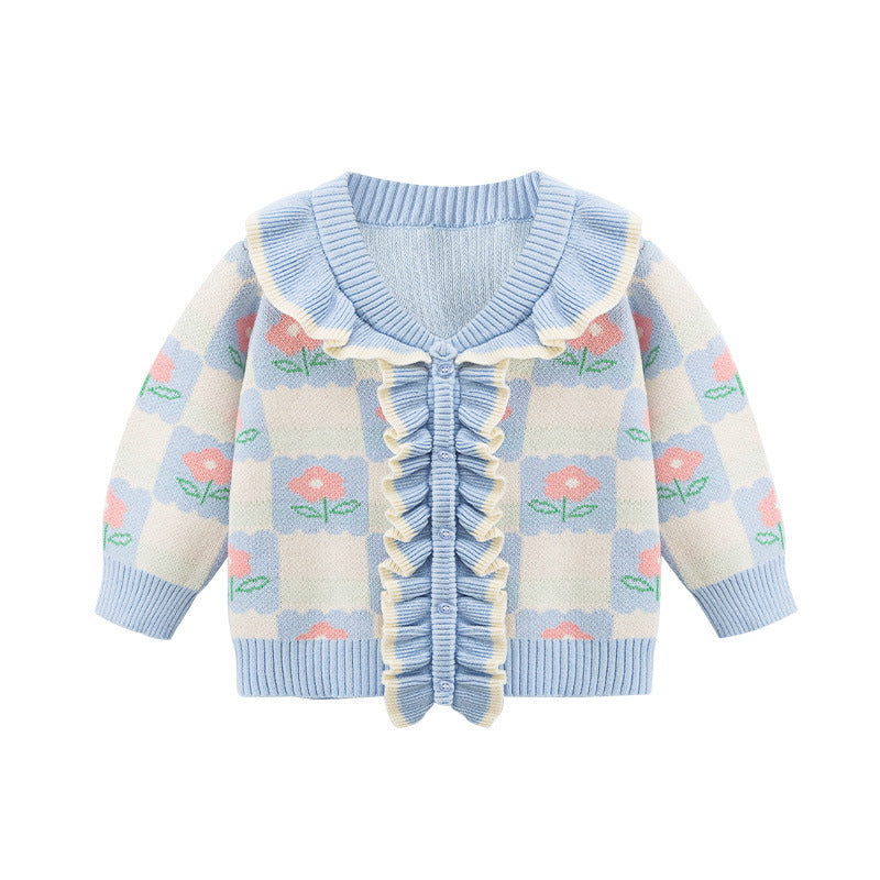 Baby Girl Flower Graphic Mesh Design V-Neck Knit Cardigan