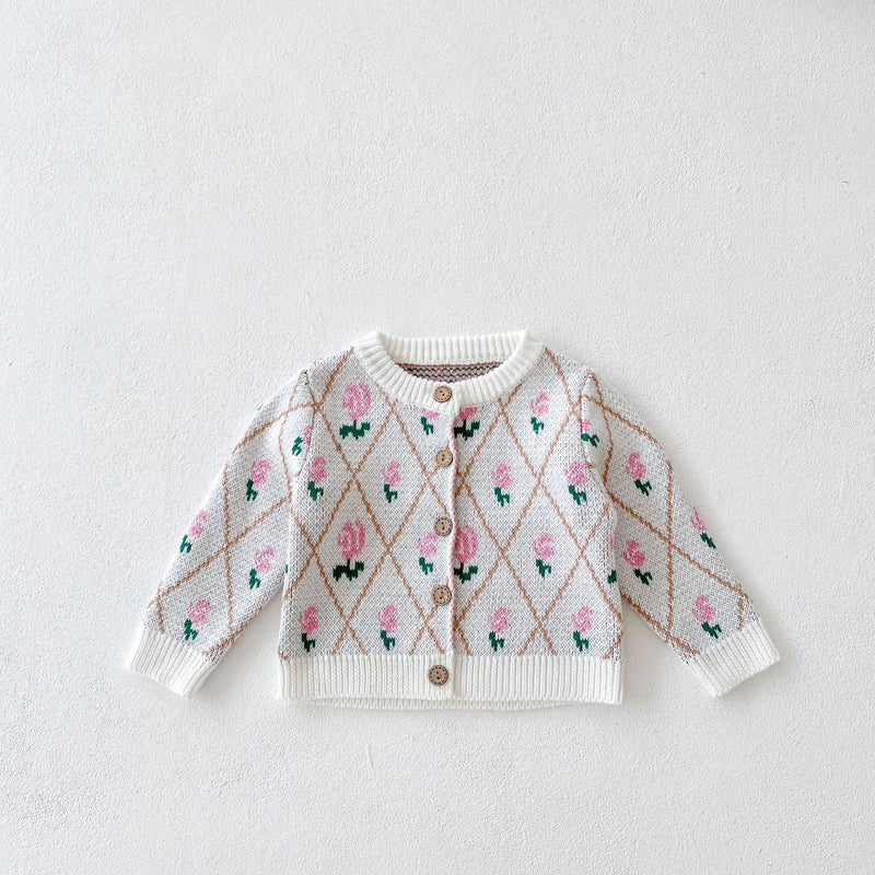 Baby Girl 1pcs Allover Roses Embroidered Graphic Crotch Bodysuit & Cardigan Handmade Knitted Sets