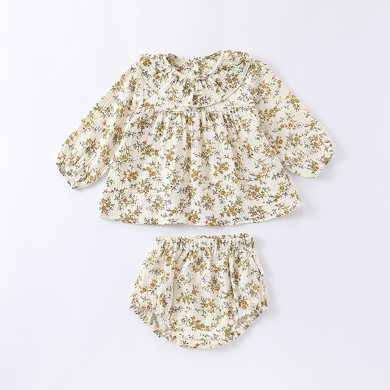 Spring And Autumn Baby Girls Floral Printing Long Sleeves Ruffle Collar Top Shirt And Shorts Clothing Sets