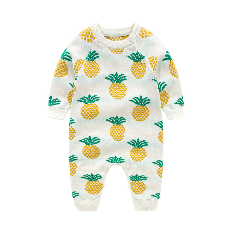 Baby Dinosaur & Pineapple Pattern Shoulder Button Design Knitting Romper Jumpsuit