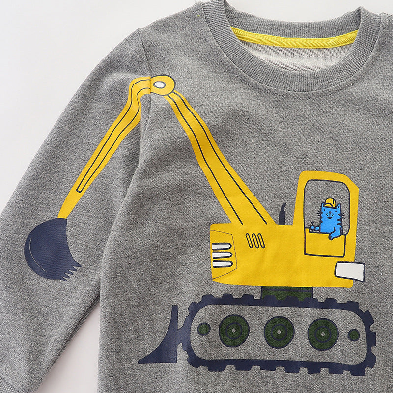 Baby Boy Cat Excavator Print Pattern Grey Hoodie