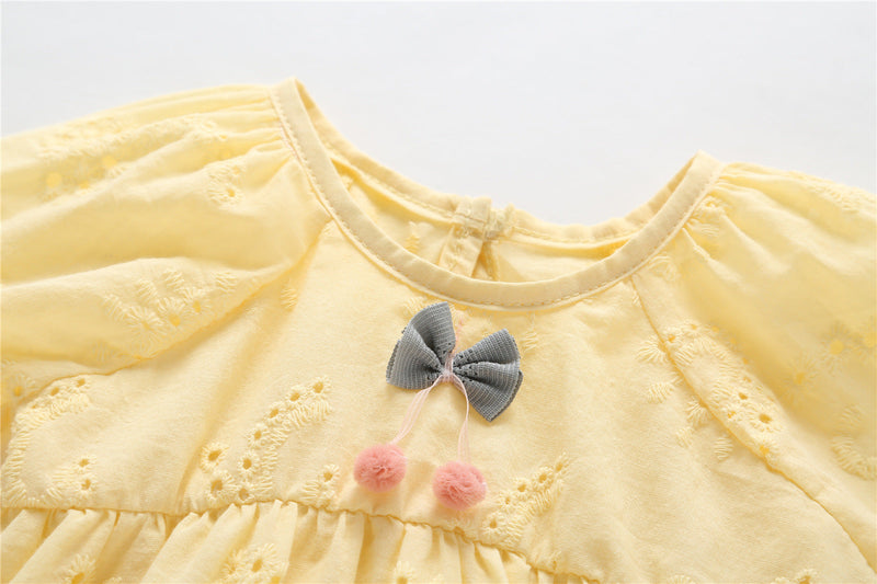 Baby Solid Yellow Hollow Carved Design Long Sleeves Bow Dress & Hat