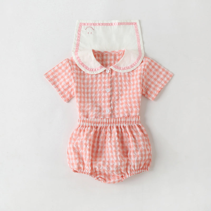 Baby Girl 1pcs Plaid Pattern Contrast Tape Lapel Design Combo Shorts Sets