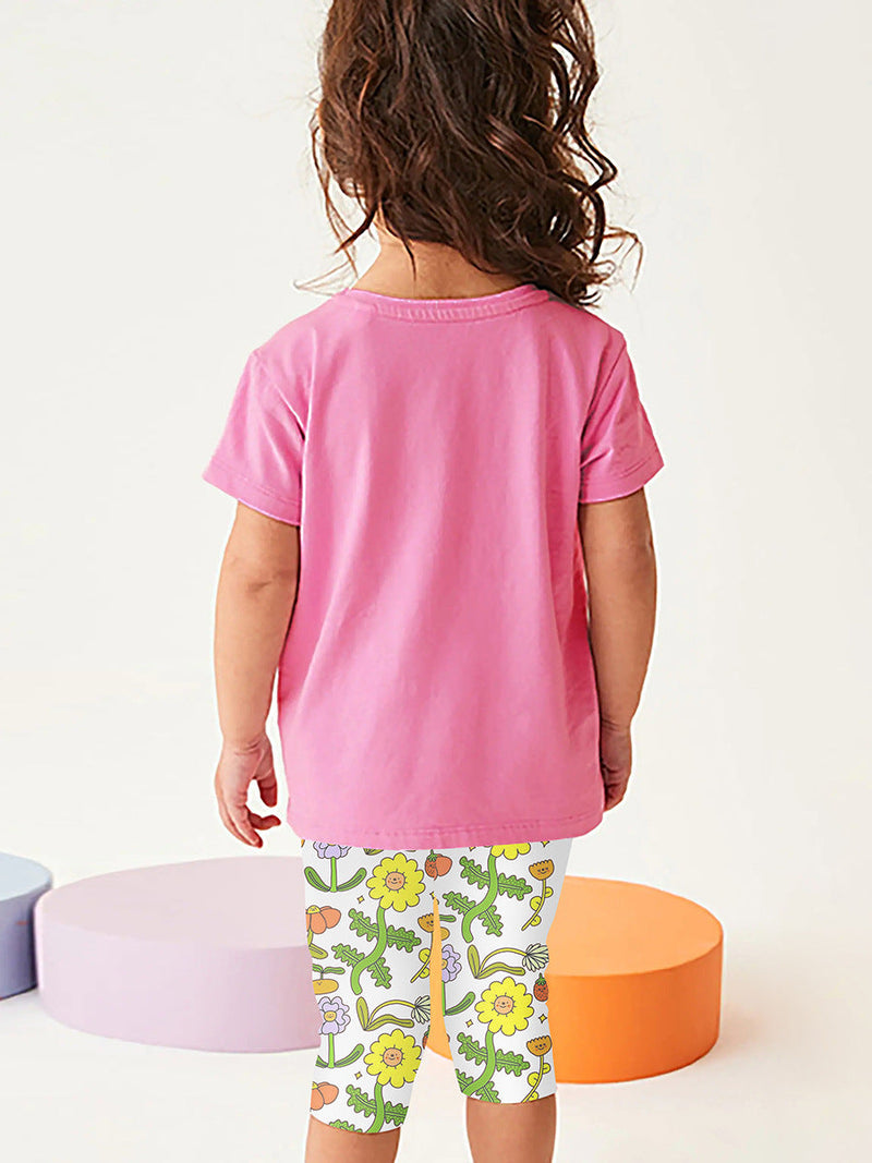 Girls Sunny Day Cartoon T-Shirt And Floral Capri Pants Set