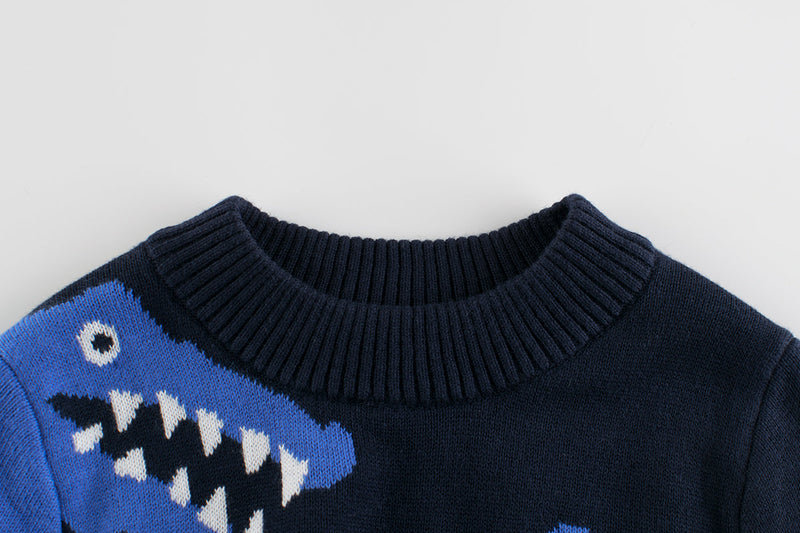 Boys Multi Color Contrast Dinosaur Pattern Round Collar Knit Sweater Outfit