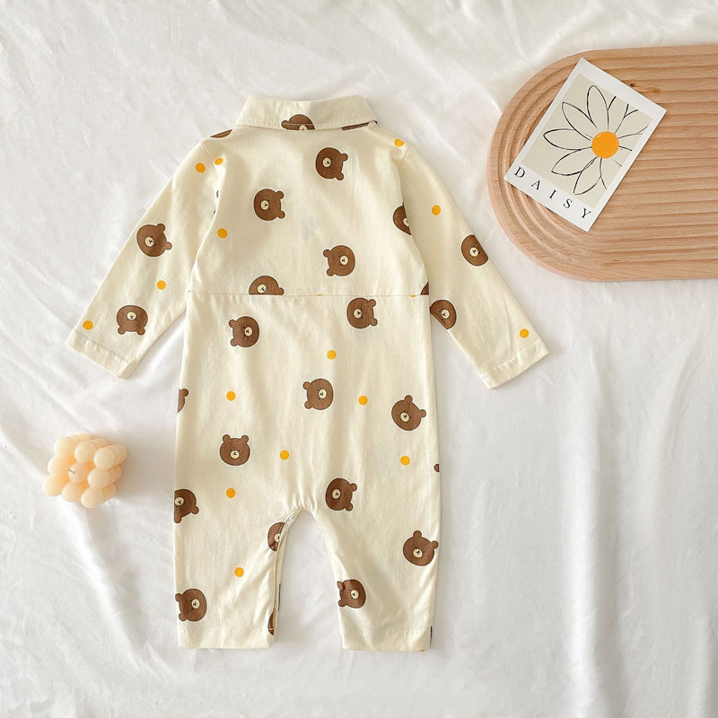 Baby Boy Bear Pattern Long Sleeve Polo Collar Long Romper