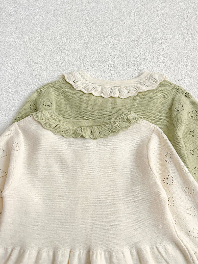 Autumn New Arrival Baby Kids Girls Comfortable Hollow-out Design Knitted Long Sleeves Top with Heart Pattern and Collar