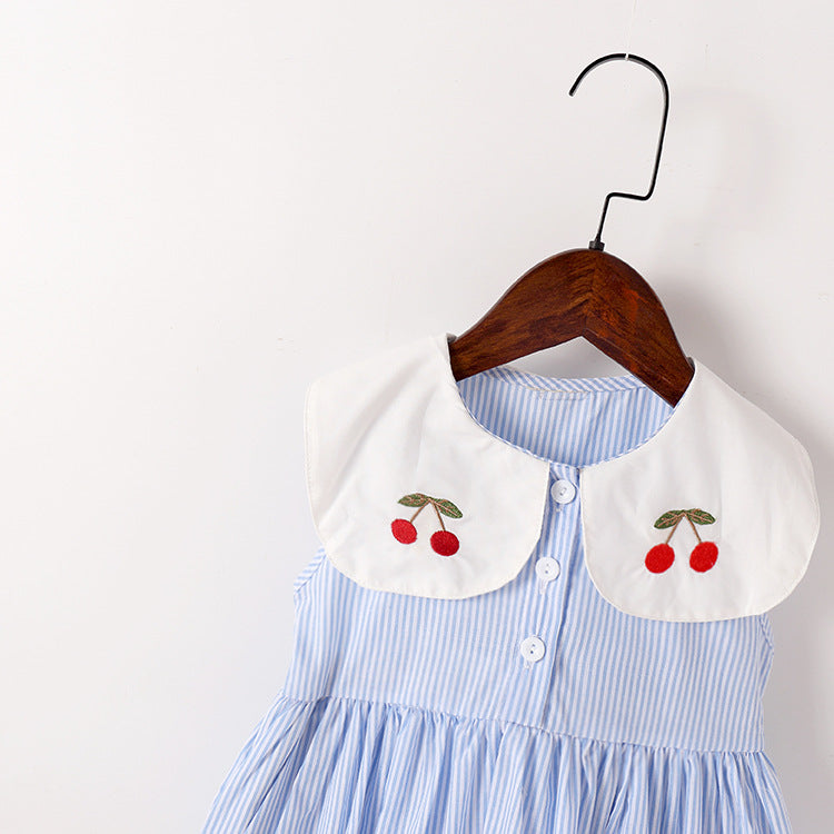 Baby Girl Cherry Embroidery Pattern Color Blocking Lapel Design Sleeveless Dress