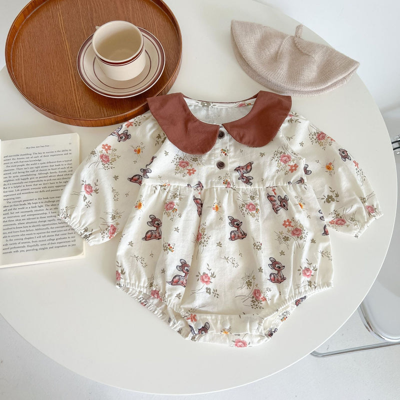 Baby Girl Flower & Deer Pattern Doll Neck Cotton Bodysuit