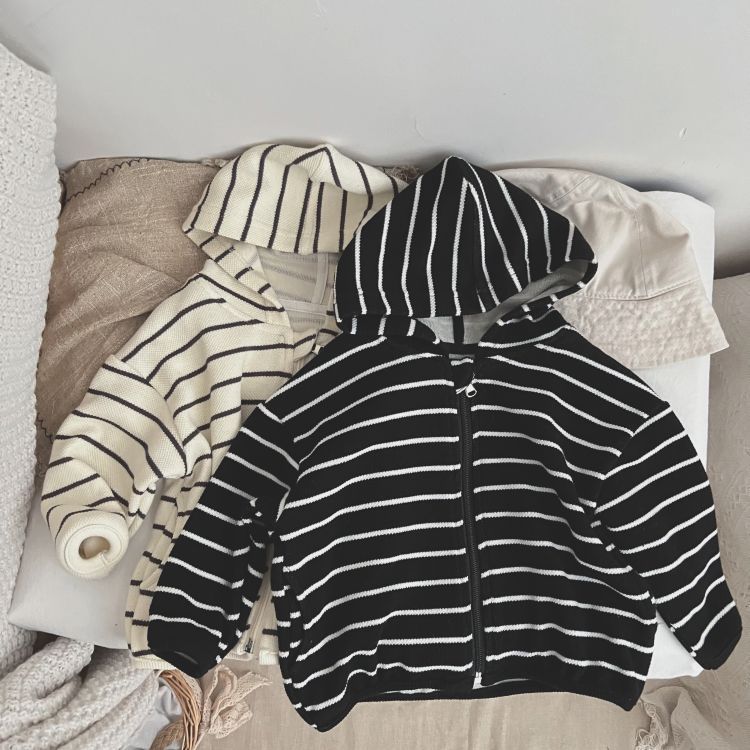 Baby Striped Pattern Single Breasted Design Long Sleeve Coat With Hat