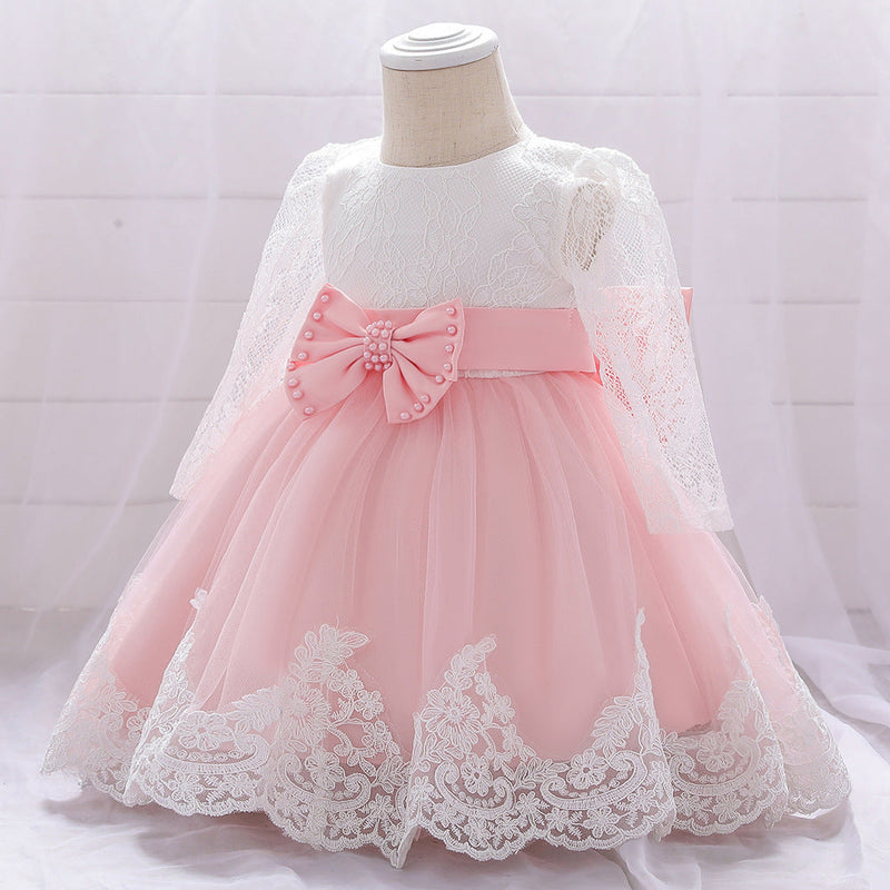 Baby Girl Bow Patched Design Long Sleeves Full Moon Christening Mesh Formal Dress