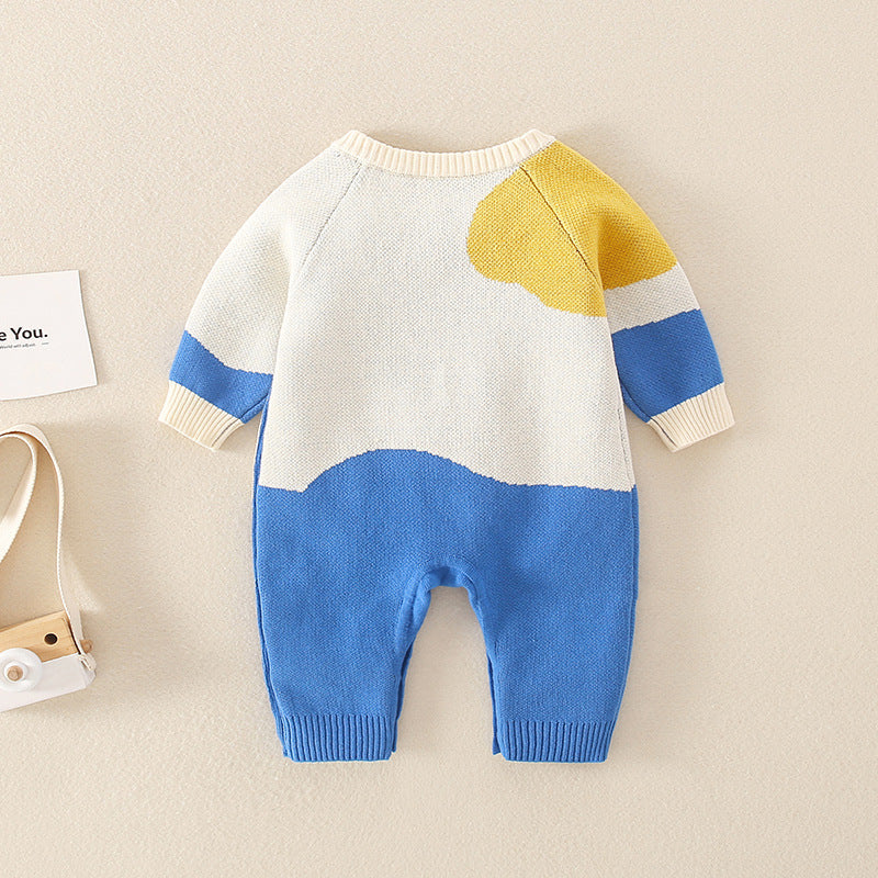 Baby Dinosaur Pattern Colorblock Design Cute Knit Romper