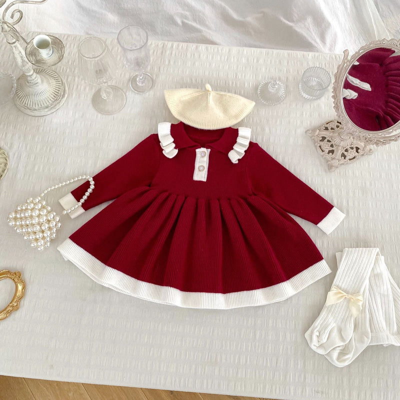 Autumn New Arrival Baby Girls Knitted Long Sleeves Color Patchwork Dress