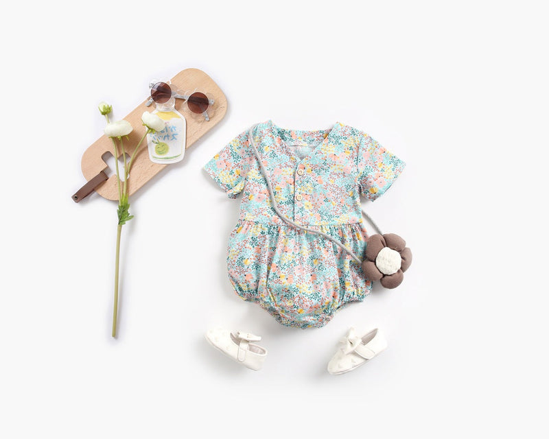 Baby Girls Floral Print V-Neck Buttoned Design Short-Sleeved Onesies