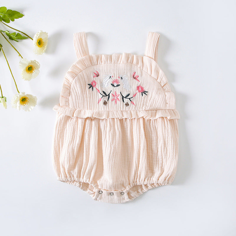 Baby Girl Floral Embroidered Pattern Lace Design Solid Color Sleeveless Onesies In Summer