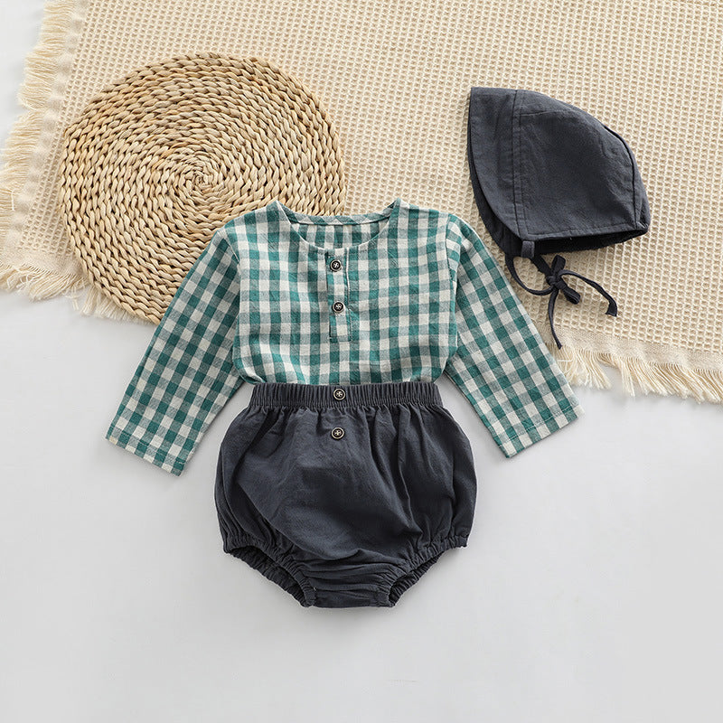 Baby Plaid Graphic Tops And Solid Shorts With Hat 1Pieces Sets