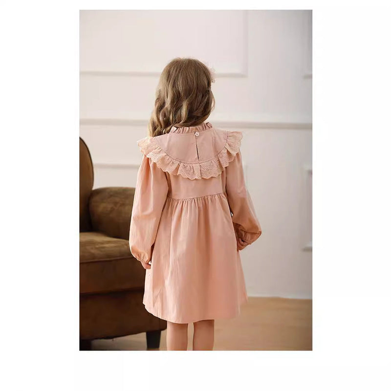 Design Autumn Girls Flower Embroidery Ruffle Neck Long Sleeves French Style Dress